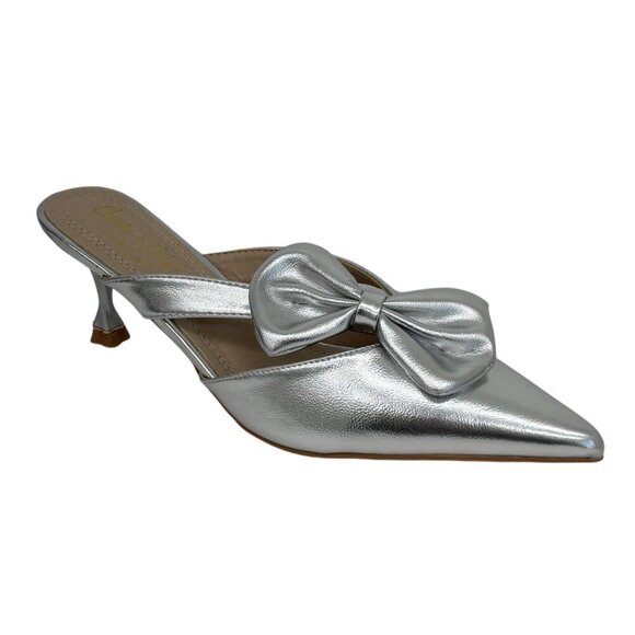 CHASE + CHLOE / Idra-3 / Silver / Pointed / Toe Mule Heels / With Bow Detail Kit - Picture 1 of 9